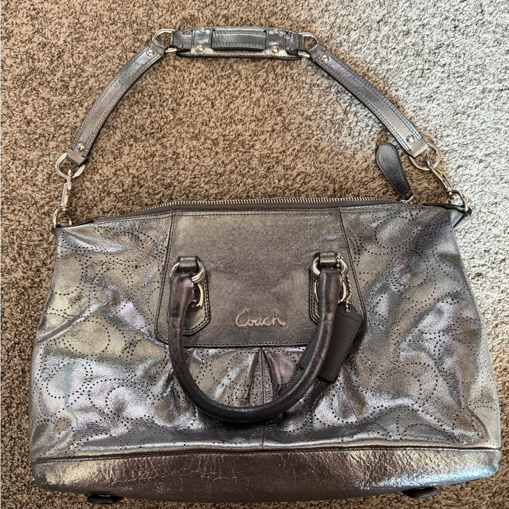 Coach Metallic Pewter Perforated Leather Satchel